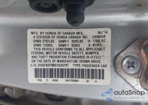 2014 Honda Civic Ex from USA, damaged, VIN 2HGFB2F88EH530797